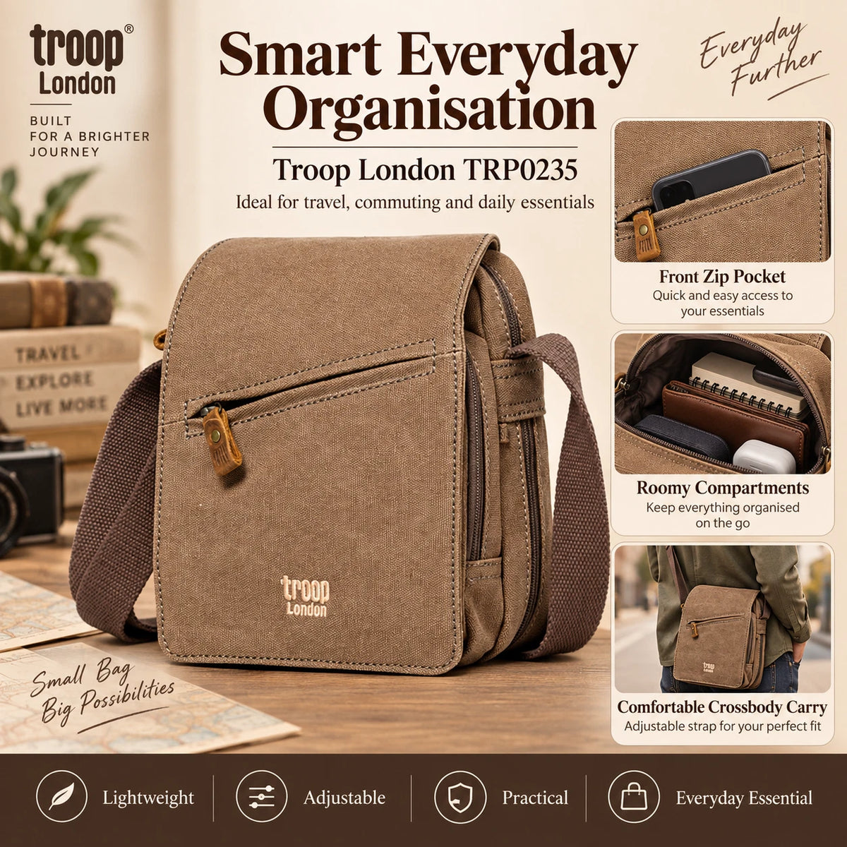TROOP LONDON TRP0239 CLASSIC CANVAS CROSSBODY SHOULDER BAG UNISEX