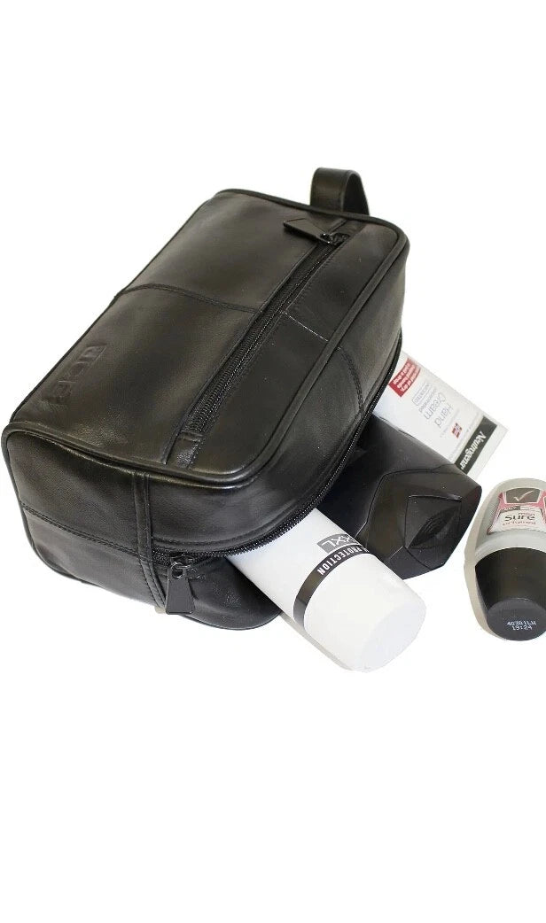 JCB Black Genuine Leather Travel Wash Bag - Zipped Travel Bags for Men Travel UK STOCK