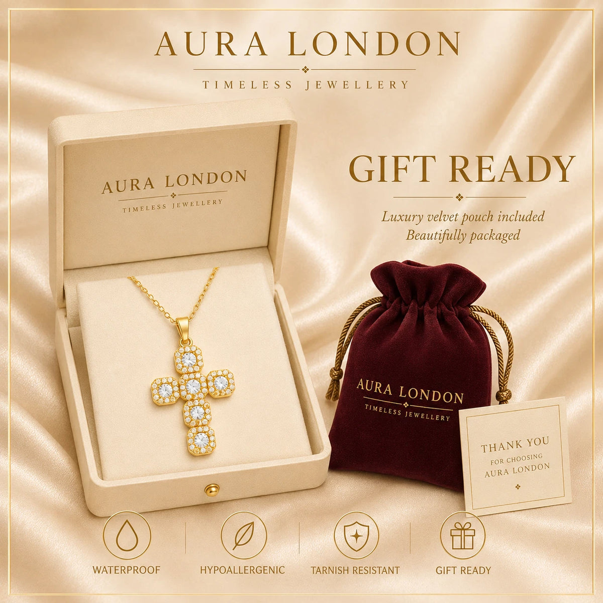 18K GOLD PLATED TITANIUM STEEL CROSS CZ PENDANT NECKLACE PVD WATERPROOF GIFT UK