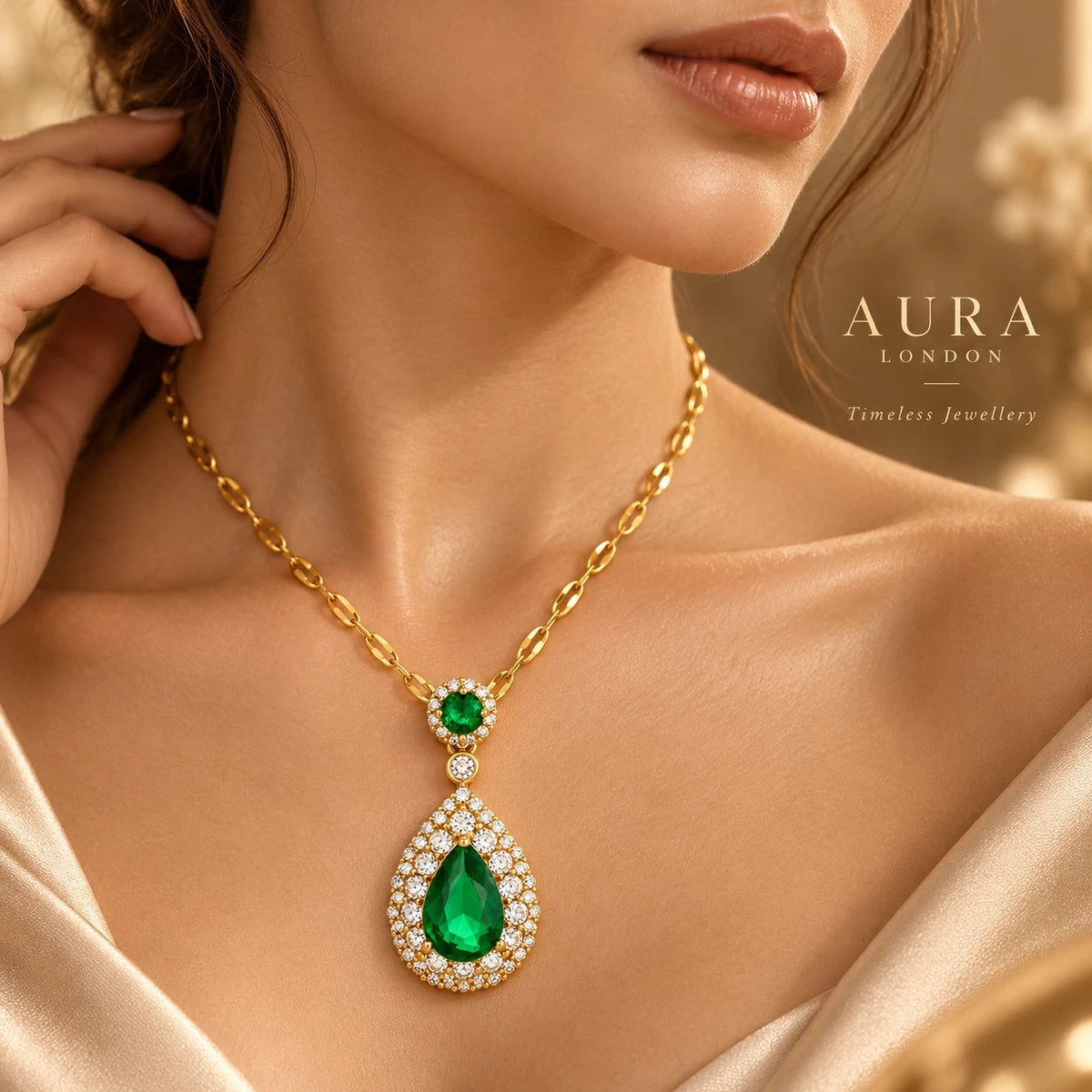 18K Gold Plated Titanium Steel Green Teardrop Pendant Necklace Waterproof Gift