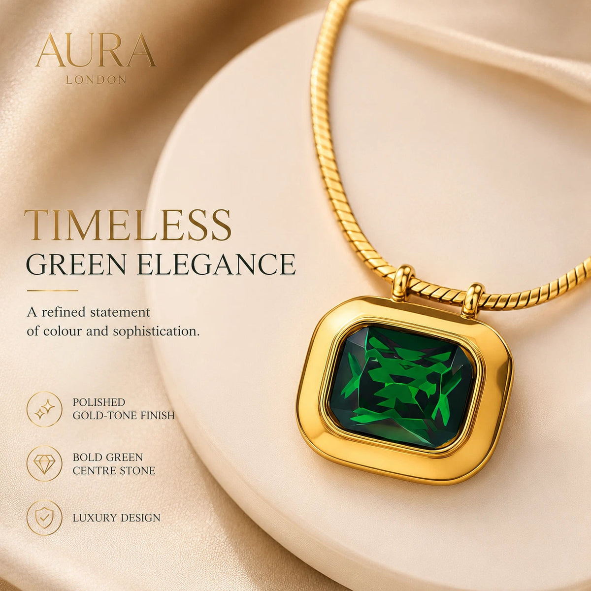18K GOLD PLATED TITANIUM STEEL GREEN CZ PENDANT NECKLACE WATERPROOF LADIES GIFT