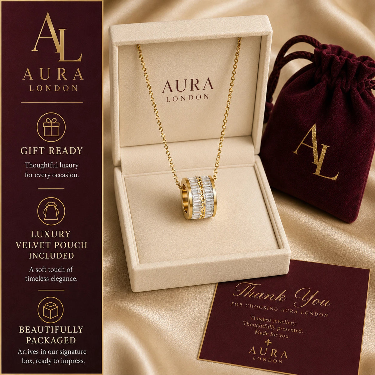 18K GOLD PLATED CRYSTAL ROMAN NUMERAL BARREL PENDANT NECKLACE LADIES WOMAN GIFT
