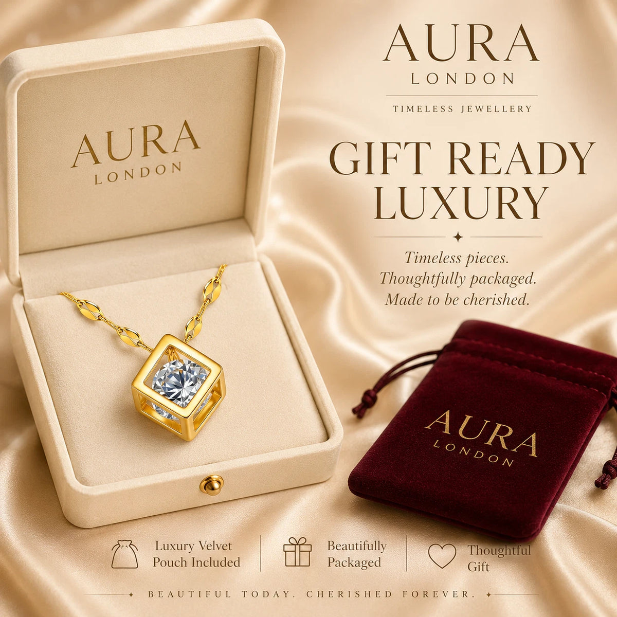 18K GOLD PLATED GEOMETRIC CUBE CZ PENDANT NECKLACE TITANIUM STEEL LADIES GIFT UK