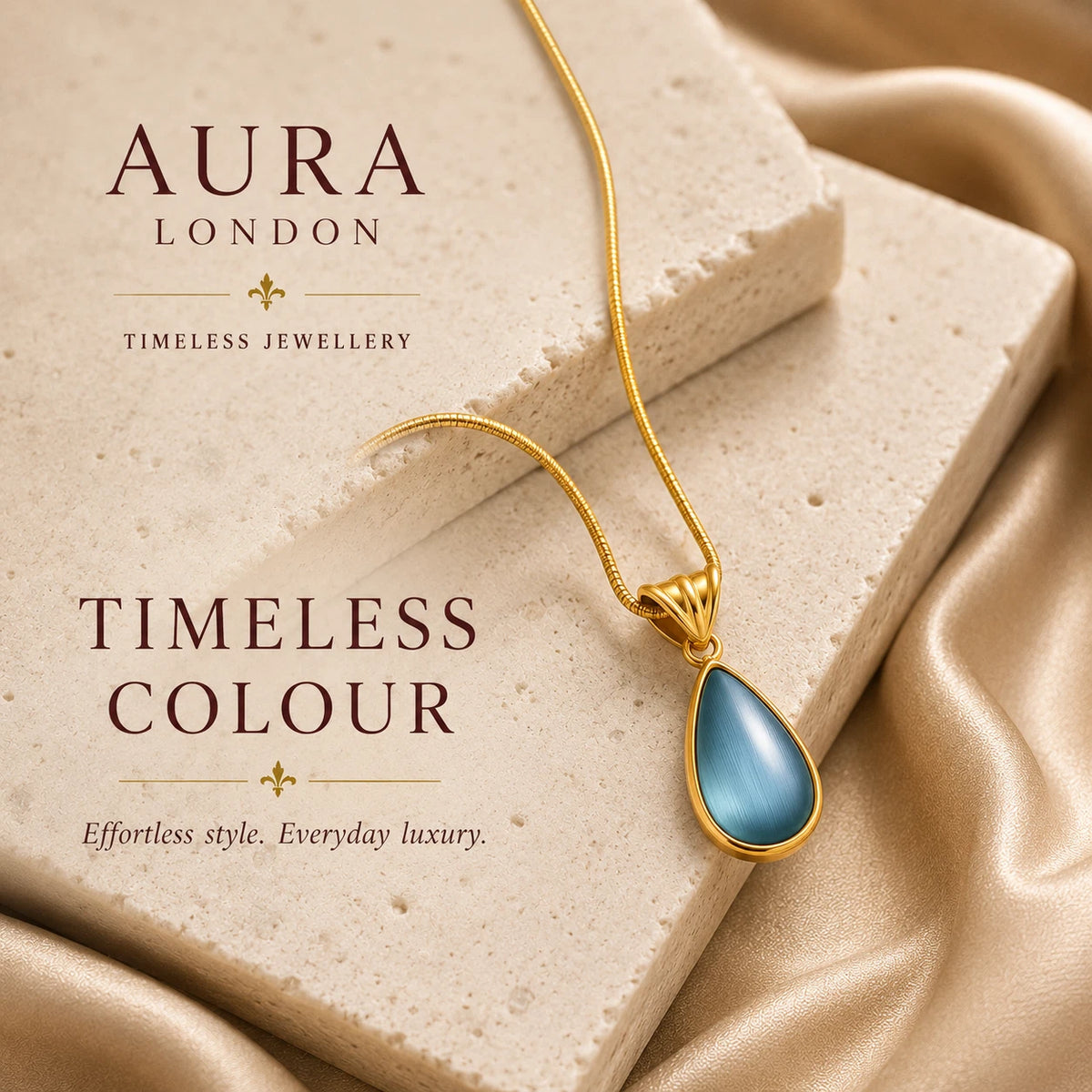 18K GOLD PLATED TITANIUM STEEL LADIES BLUE TEARDROP PENDANT NECKLACE WATERPROOF