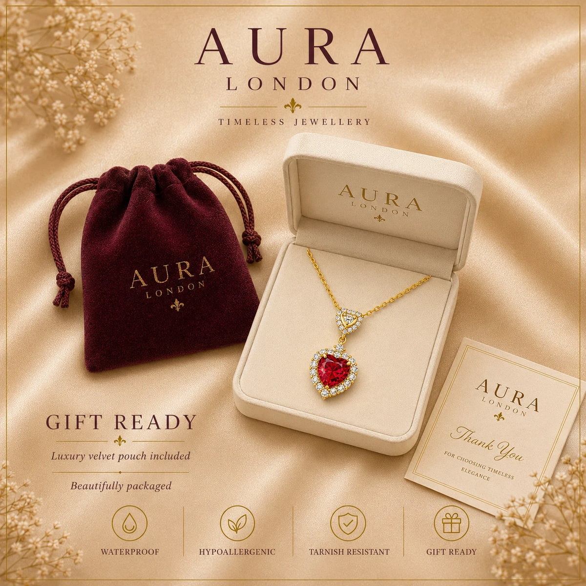 18K GOLD PLATED TITANIUM STEEL LADIES HEART CZ NECKLACE WATERPROOF ROMANTIC GIFT