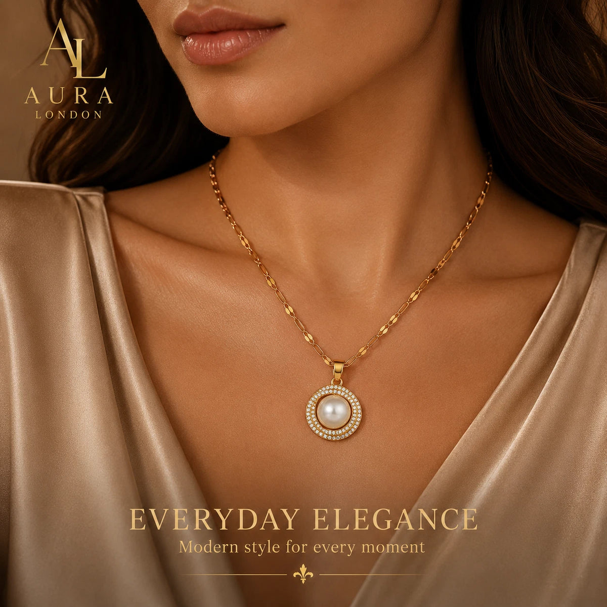 18K GOLD PLATED PEARL HALO CZ PENDANT NECKLACE TITANIUM STEEL ANTI TARNISH GIRLS