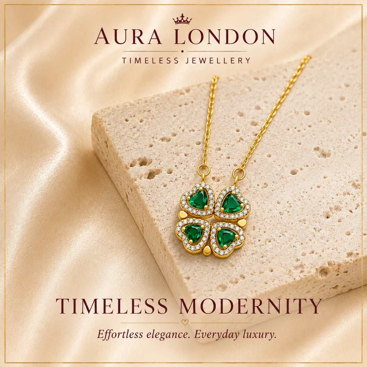 18K GOLD PLATED TITANIUM STEEL GREEN CLOVER CZ PENDANT NECKLACE WATERPROOF GIFT
