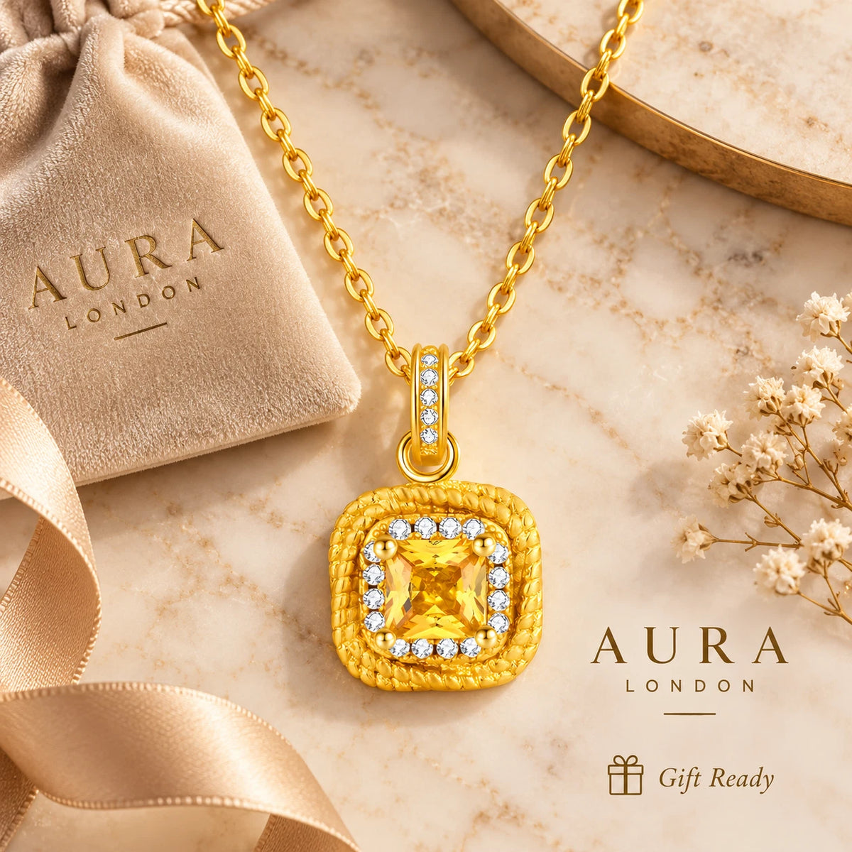 18k Gold Plated Titanium Steel Yellow CZ Necklace Waterproof Square Pendant Gift