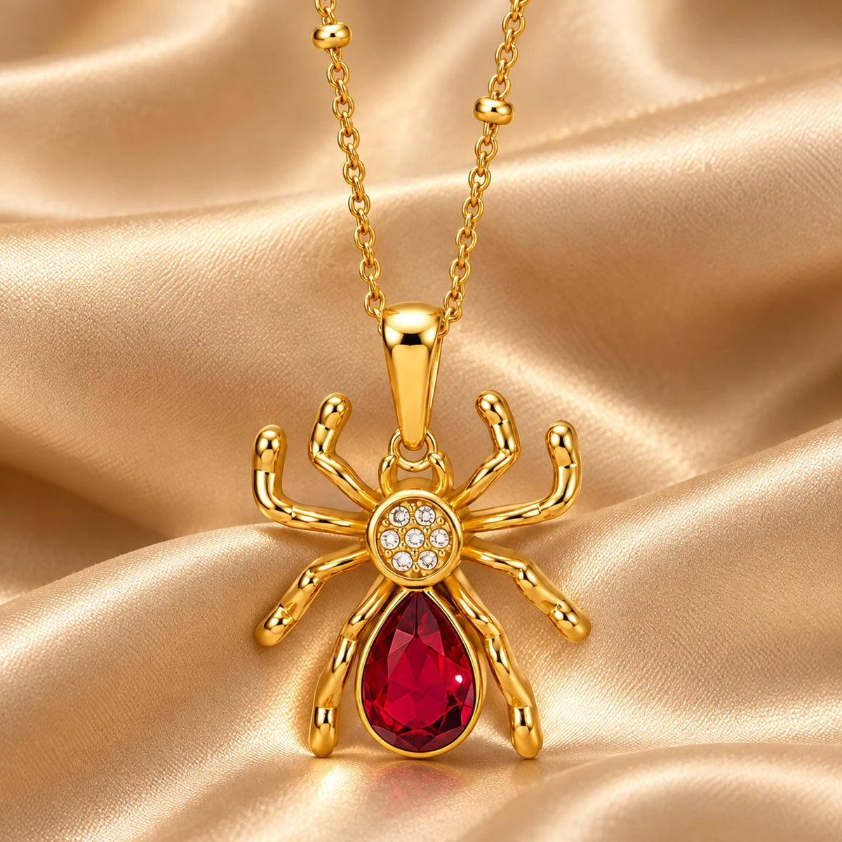 18K GOLD PLATED TITANIUM STEEL RED SPIDER NECKLACE WATERPROOF STATEMENT PENDANT