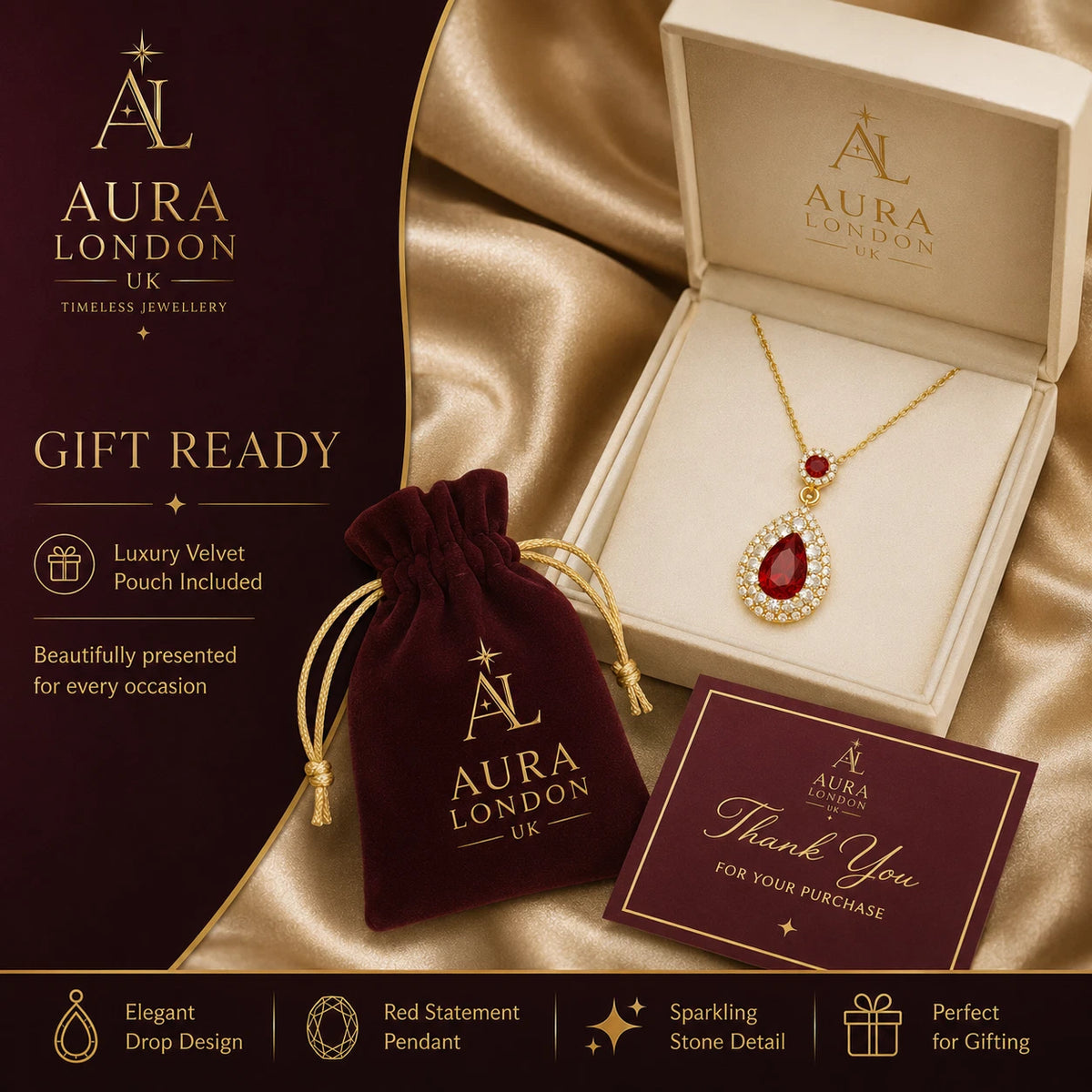 18K GOLD PLATED TITANIUM STEEL RED TEARDROP CZ PENDANT NECKLACE WATERPROOF GIFT