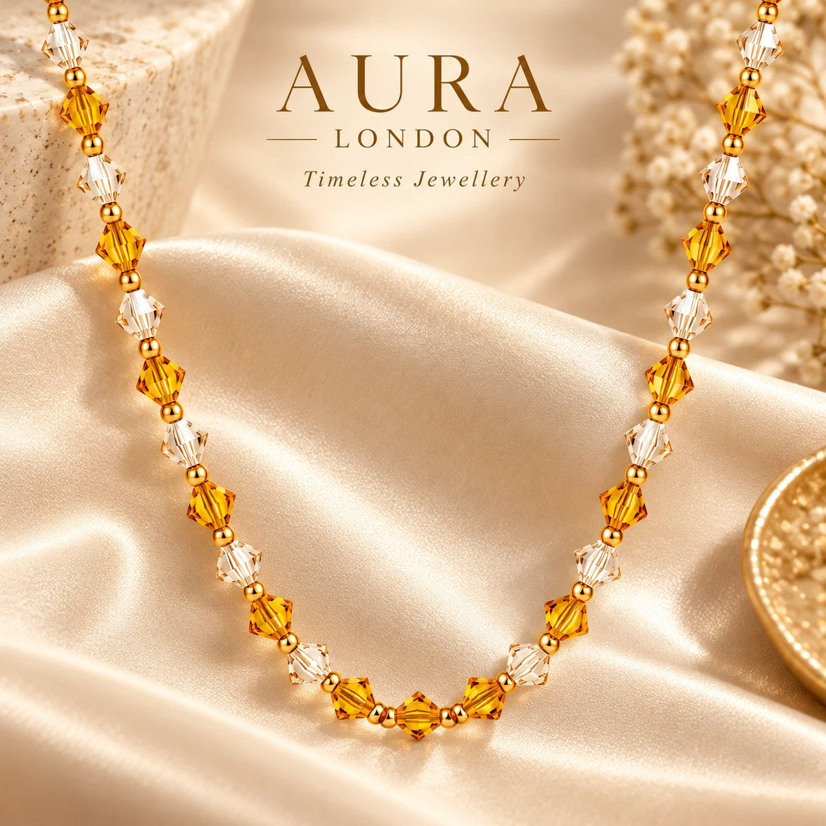 18K GOLD PLATED TITANIUM STEEL AMBER CLEAR BEADED NECKLACE WATERPROOF LADIES UK