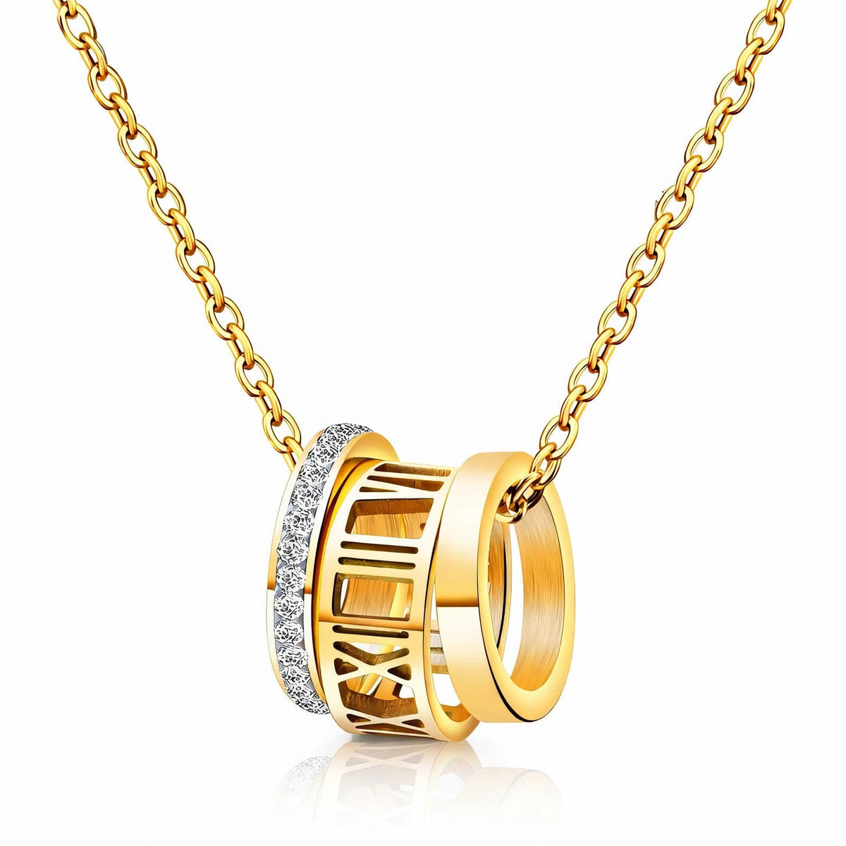18K GOLD PLATED STAINLESS STEEL ROMAN NUMERAL CZ PENDANT NECKLACE LADIES GIFT UK