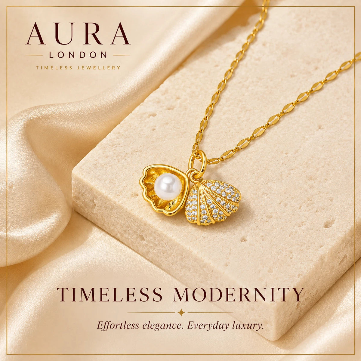 18K GOLD PLATED TITANIUM STEEL LADIES PEARL SHELL CZ NECKLACE WATERPROOF GIFT UK