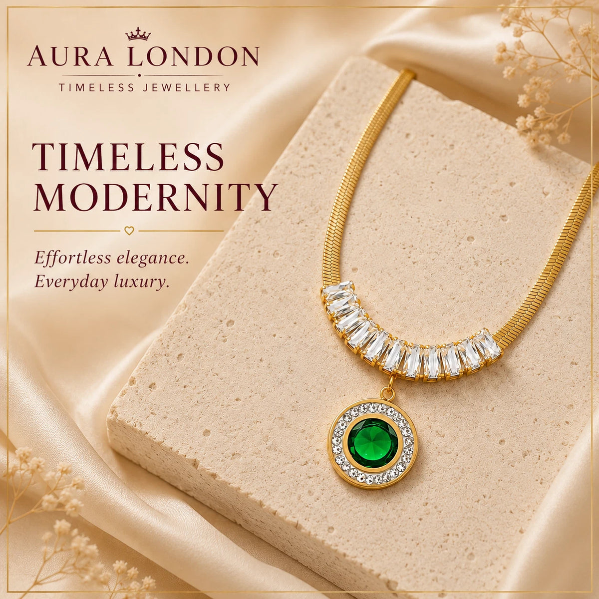18K GOLD PLATED TITANIUM STEEL GREEN CZ HALO PENDANT NECKLACE WATERPROOF GIFT UK