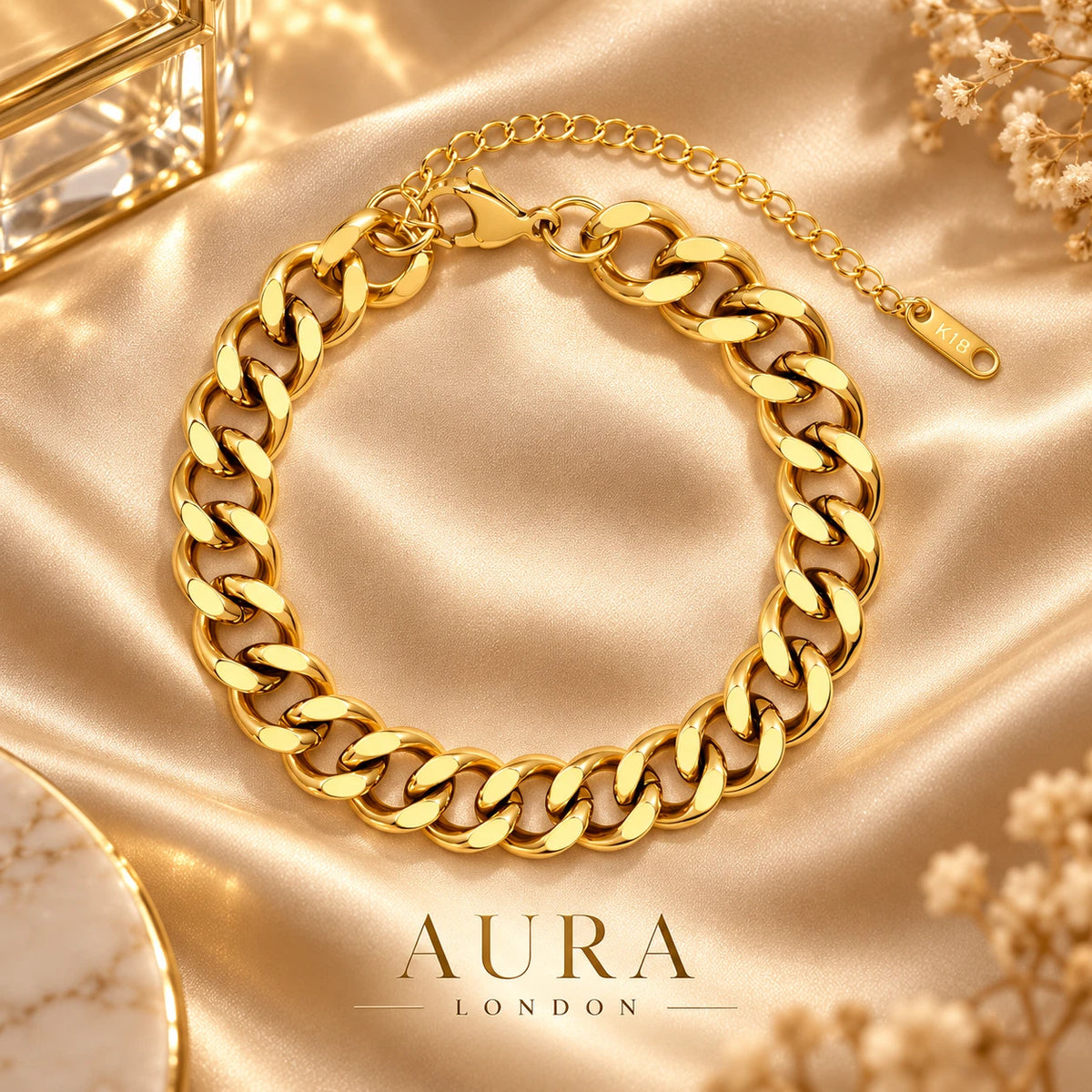 18K GOLD PLATED TITANIUM STEEL CHUNKY CURB CHAIN BRACELET WATERPROOF LADIES GIFT