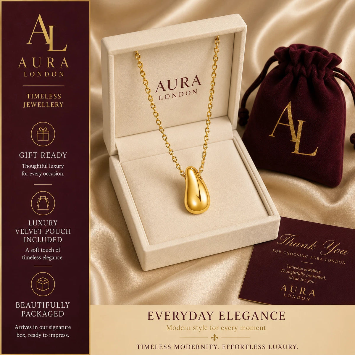 18K GOLD PLATED DROP PENDANT NECKLACE LADIES TITANIUM STEEL ANTI TARNISH GIFT UK