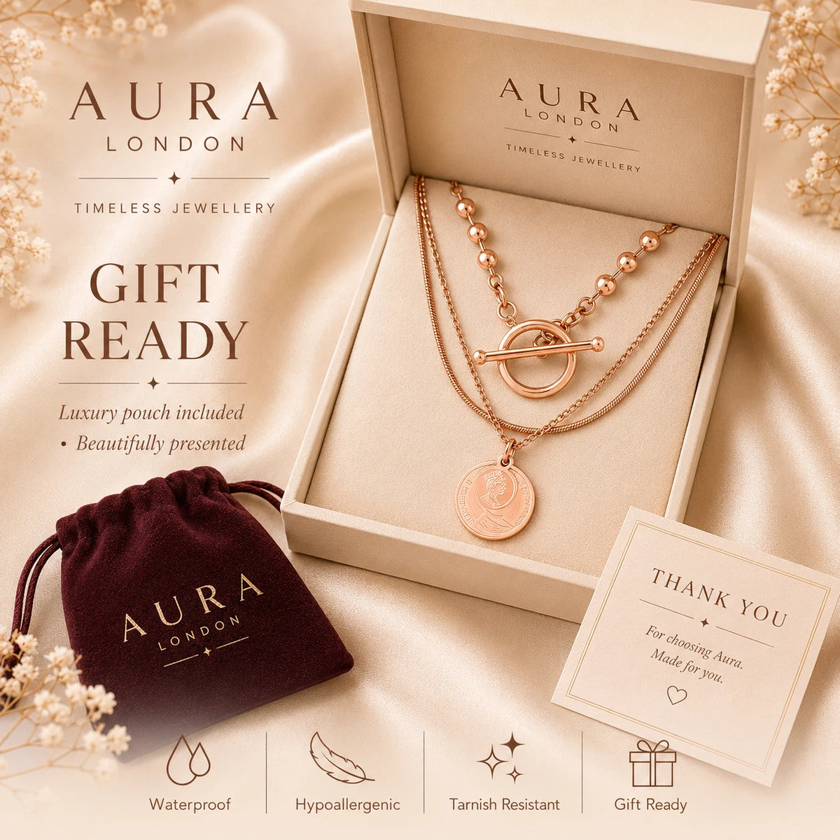 18K GOLD PLATED TITANIUM STEEL TRIPLE LAYER ROSE GOLD COIN NECKLACE WATERPROOF