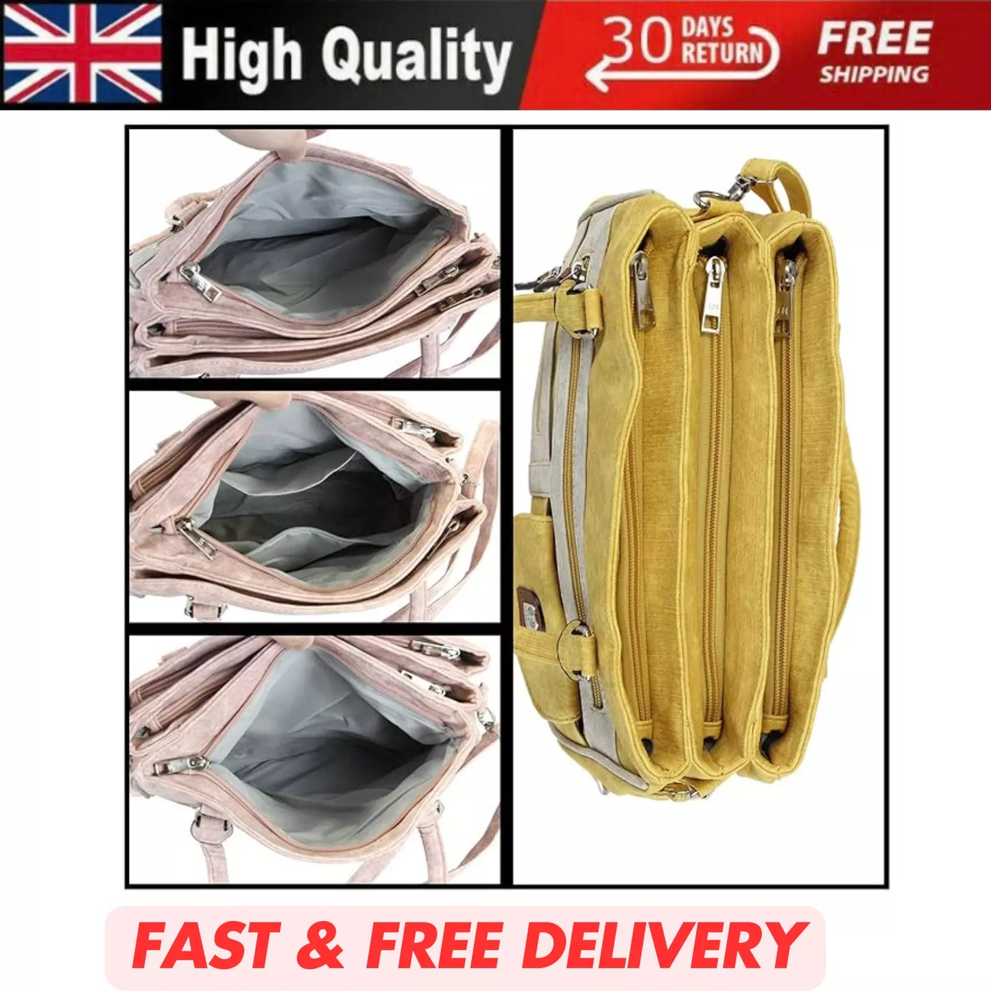 WOMEN'S VEGAN SOFT LEATHER VINTAGE HANDBAG SHOULDER BAG MULTI POCKETS & DURABLE  BAG UK STOCK