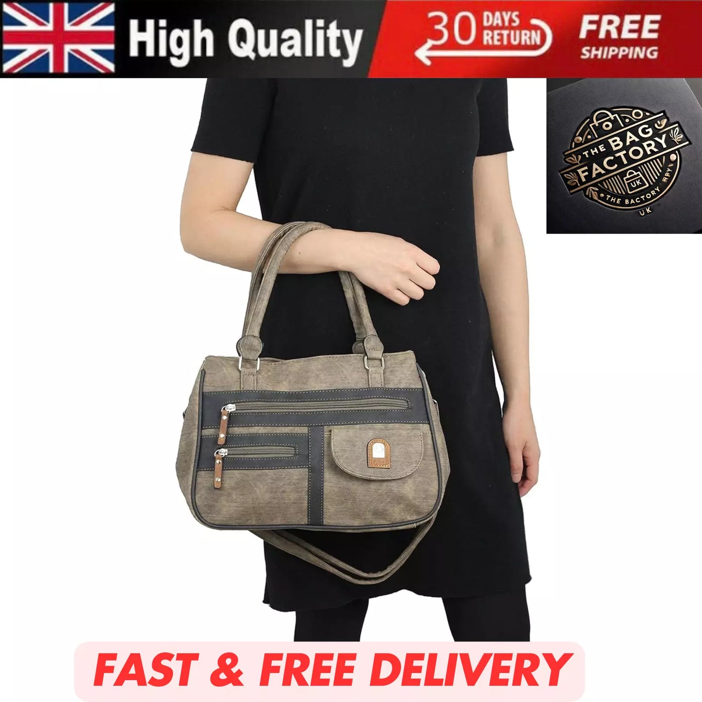 WOMEN'S VEGAN SOFT LEATHER VINTAGE HANDBAG SHOULDER BAG MULTI POCKETS & DURABLE  BAG UK STOCK
