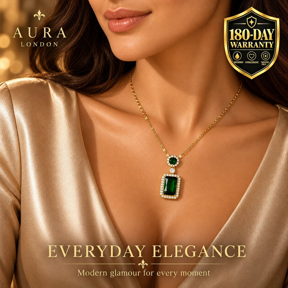 18K GOLD PLATED TITANIUM STEEL GREEN HALO CZ PENDANT NECKLACE LADIES WATERPROOF