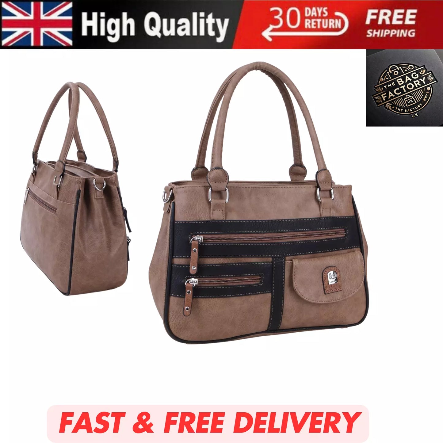 WOMEN'S VEGAN SOFT LEATHER VINTAGE HANDBAG SHOULDER BAG MULTI POCKETS & DURABLE  BAG UK STOCK