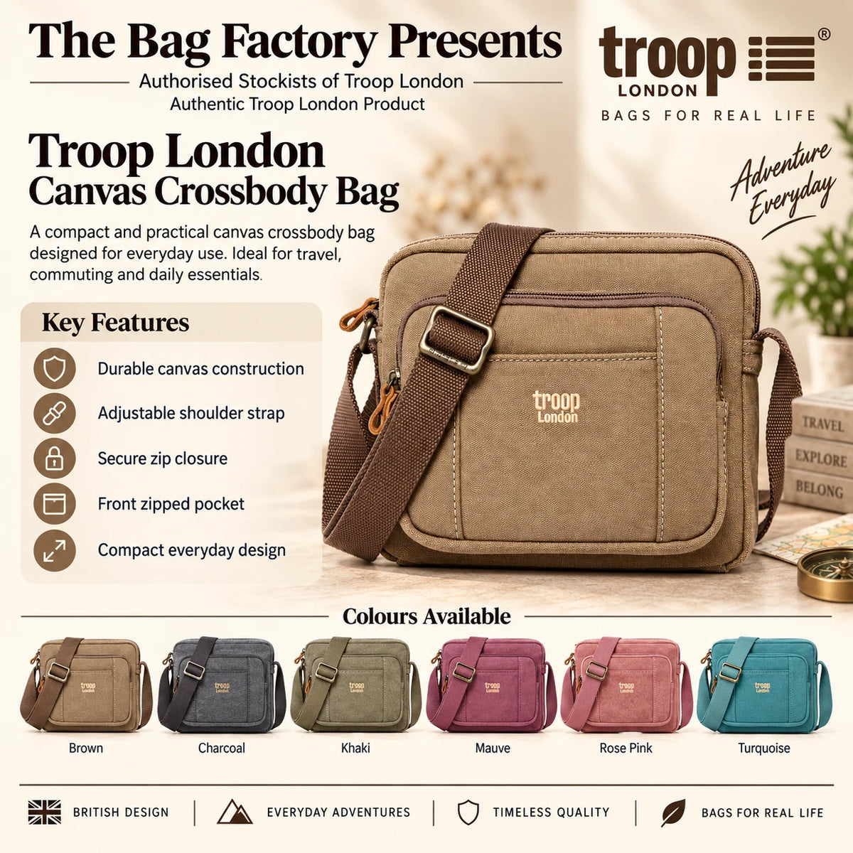 TROOP LONDON TRP0235 CLASSIC CANVAS CROSSBODY SHOULDER BAG