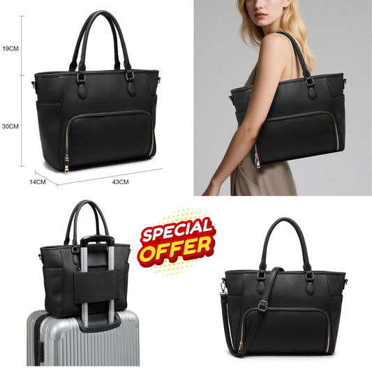 LADIES LARGE TOTE BAG BLACK VEGAN LEATHER LAPTOP WORK TRAVEL SHOULDER HANDBAG UK STOCK