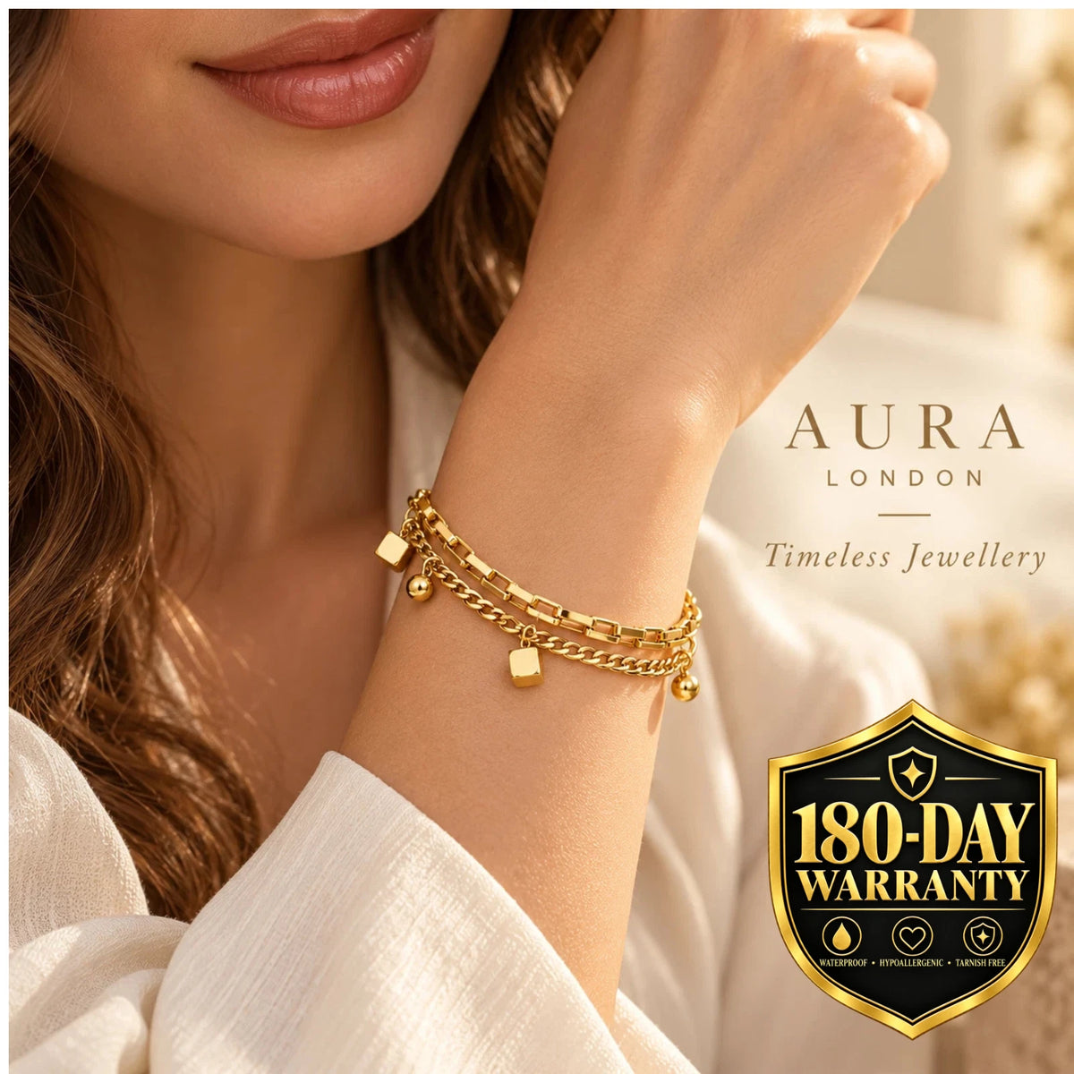 18K GOLD PLATED TITANIUM STEEL MULTI CHAIN CHARM BRACELET WATERPROOF LADIES GIFT