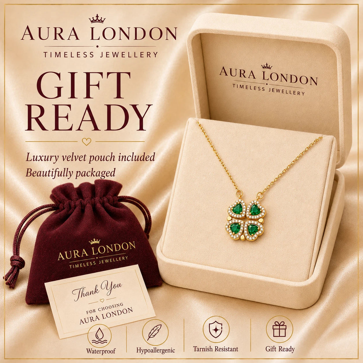 18K GOLD PLATED TITANIUM STEEL GREEN CLOVER CZ PENDANT NECKLACE WATERPROOF GIFT