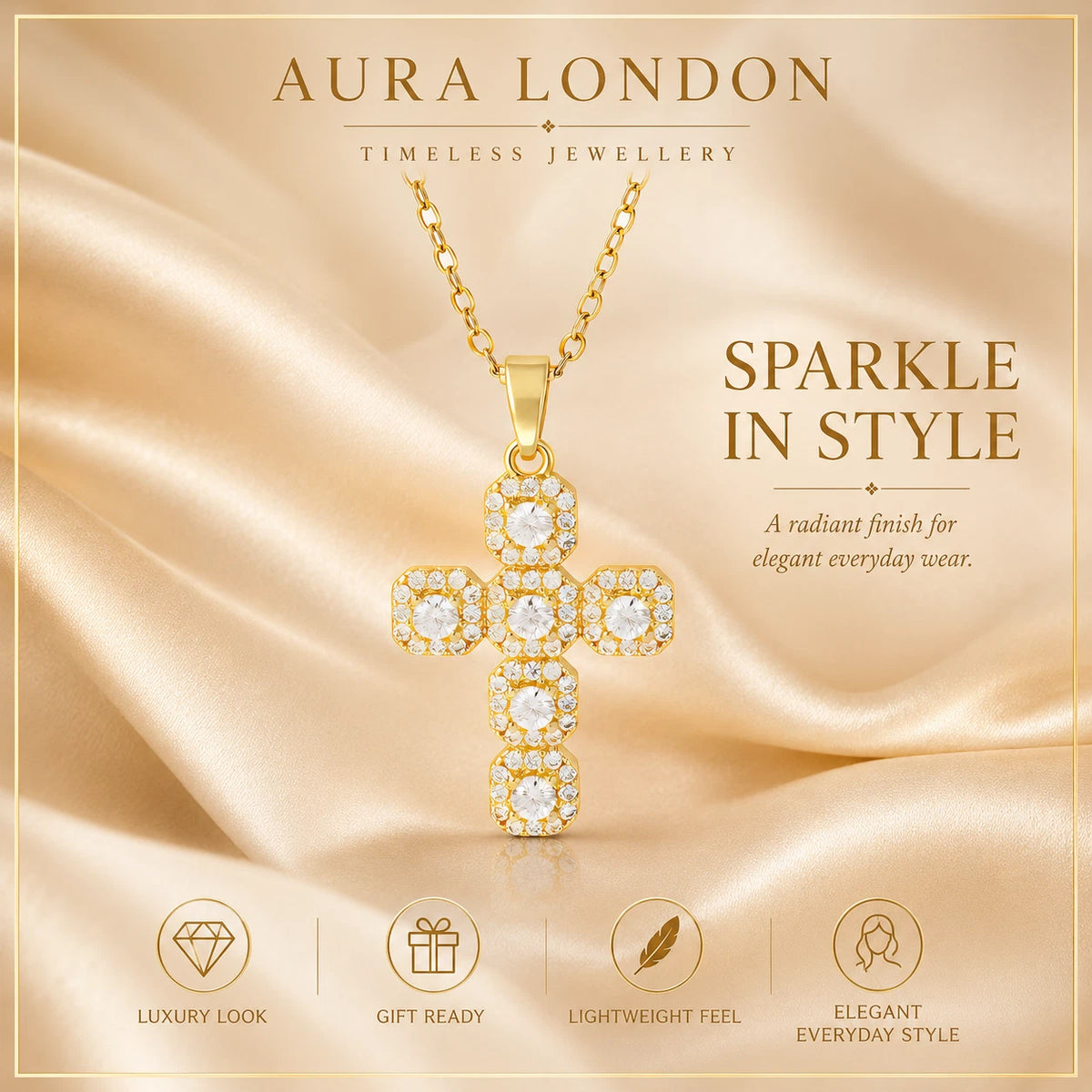 18K GOLD PLATED TITANIUM STEEL CROSS CZ PENDANT NECKLACE PVD WATERPROOF GIFT UK