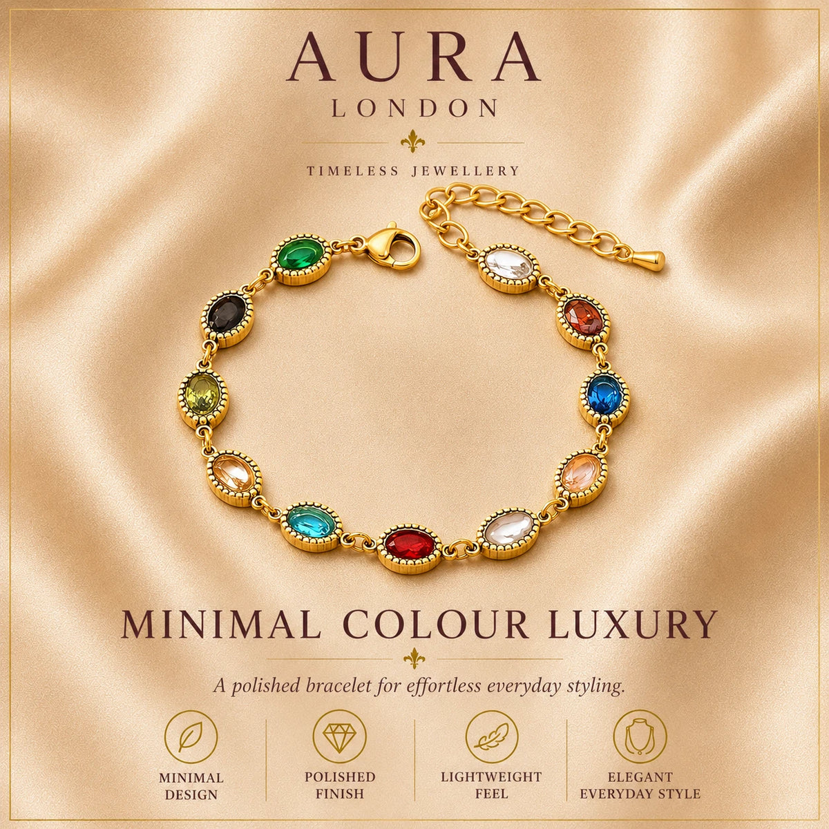 18K GOLD PLATED TITANIUM STEEL LADIES MULTICOLOUR CZ TENNIS BRACELET ADJUSTABLE