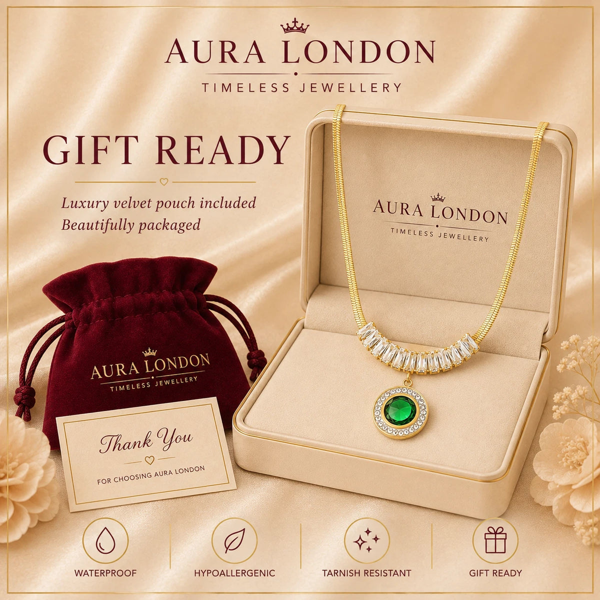 18K GOLD PLATED TITANIUM STEEL GREEN CZ HALO PENDANT NECKLACE WATERPROOF GIFT UK