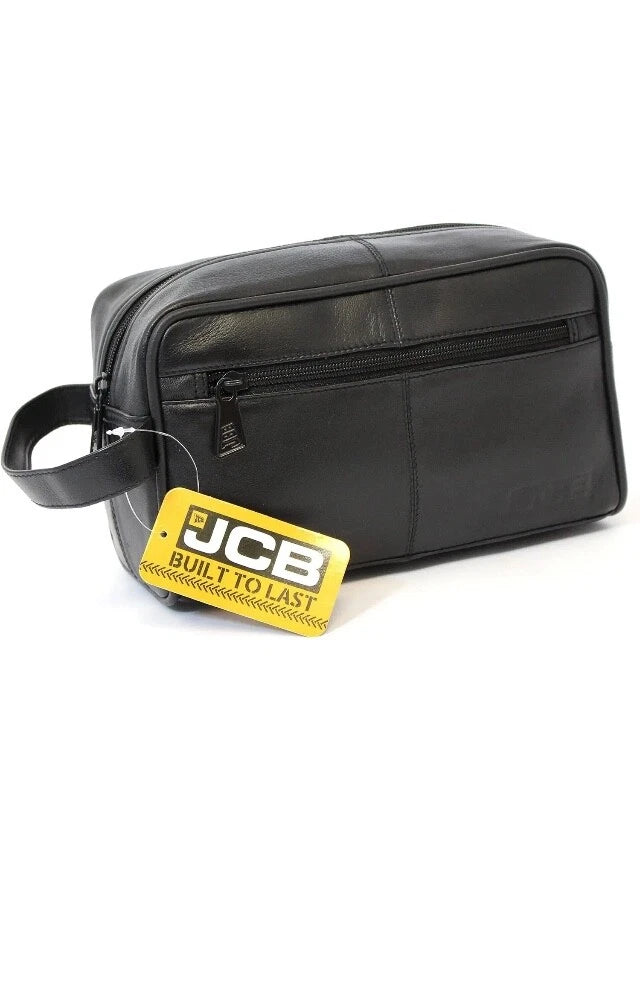 JCB Black Genuine Leather Travel Wash Bag - Zipped Travel Bags for Men Travel UK STOCK