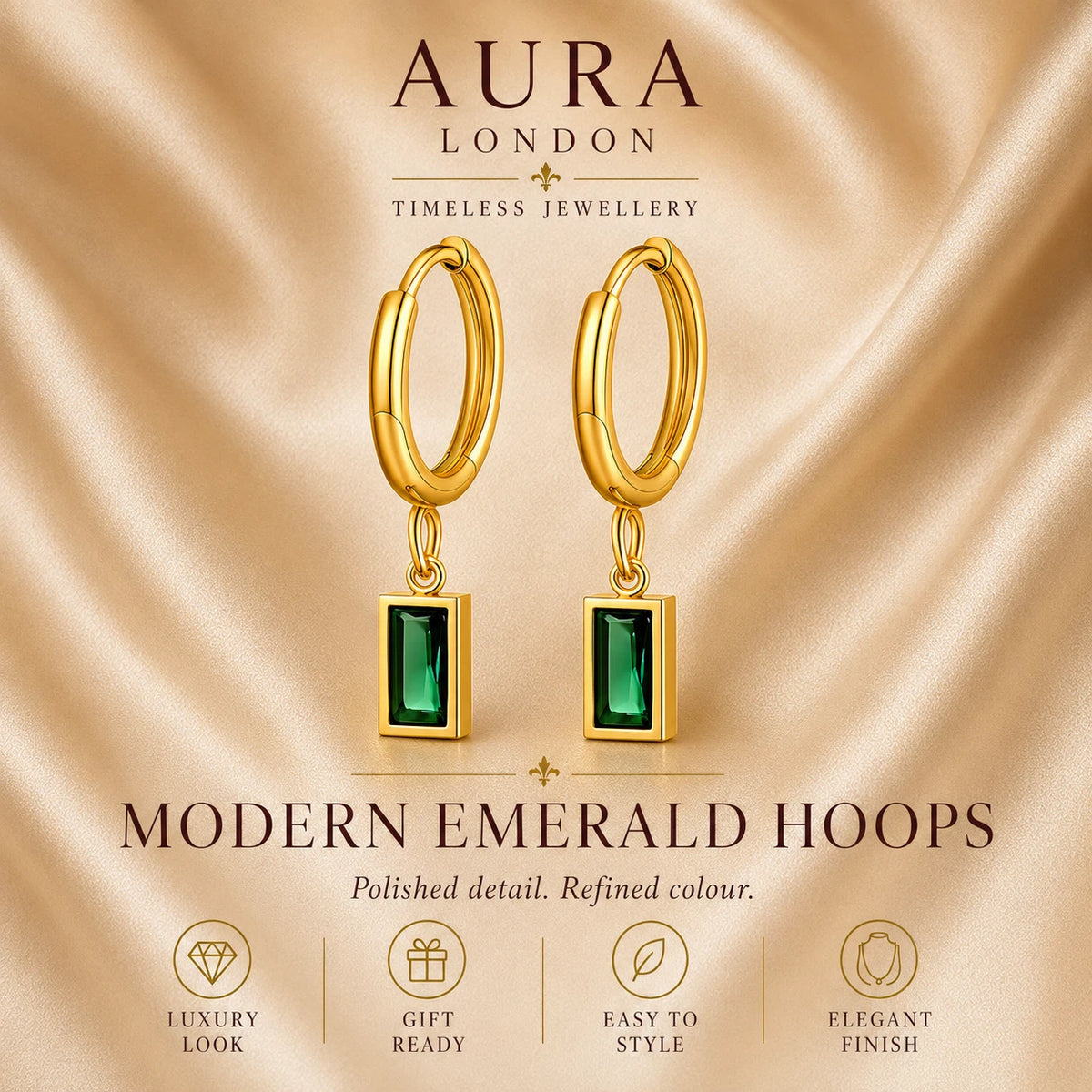 18K GOLD PLATED TITANIUM STEEL LADIES GREEN CZ DROP HOOP EARRINGS WATERPROOF UK
