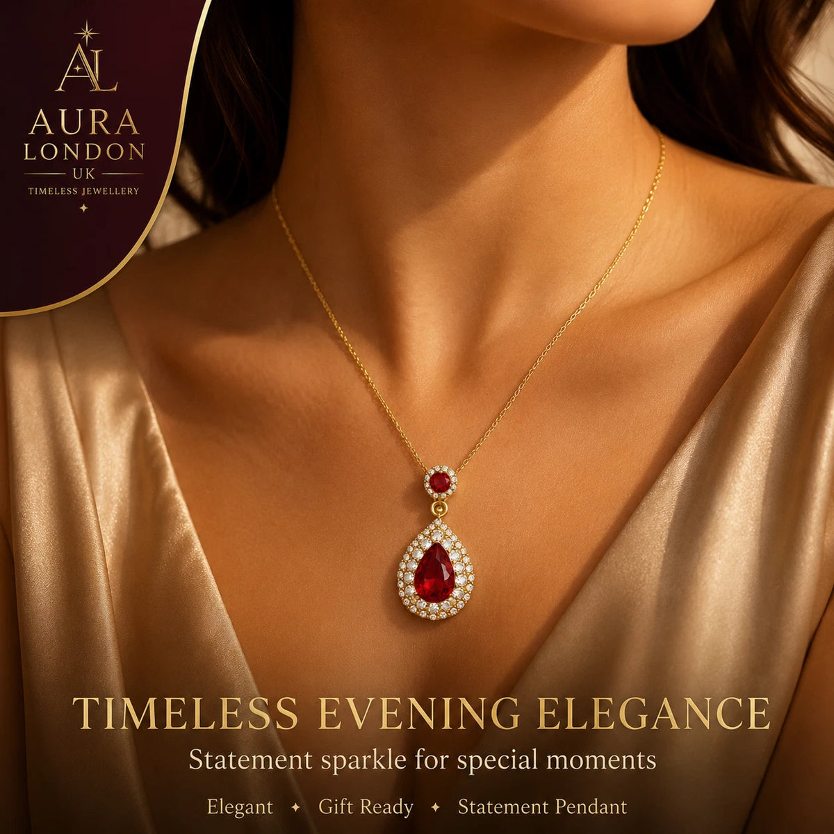 18K GOLD PLATED TITANIUM STEEL RED TEARDROP CZ PENDANT NECKLACE WATERPROOF GIFT