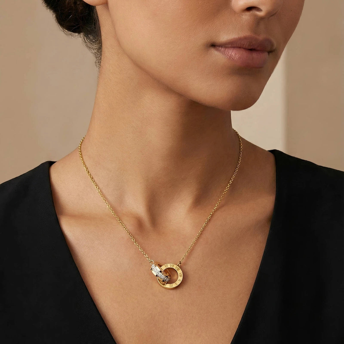 18K GOLD PLATED TITANIUM STEEL LADIES ROMAN NUMERAL DOUBLE RING CZ NECKLACE GIFT