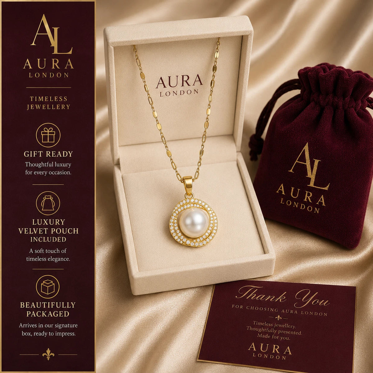 18K GOLD PLATED PEARL HALO CZ PENDANT NECKLACE TITANIUM STEEL ANTI TARNISH GIRLS