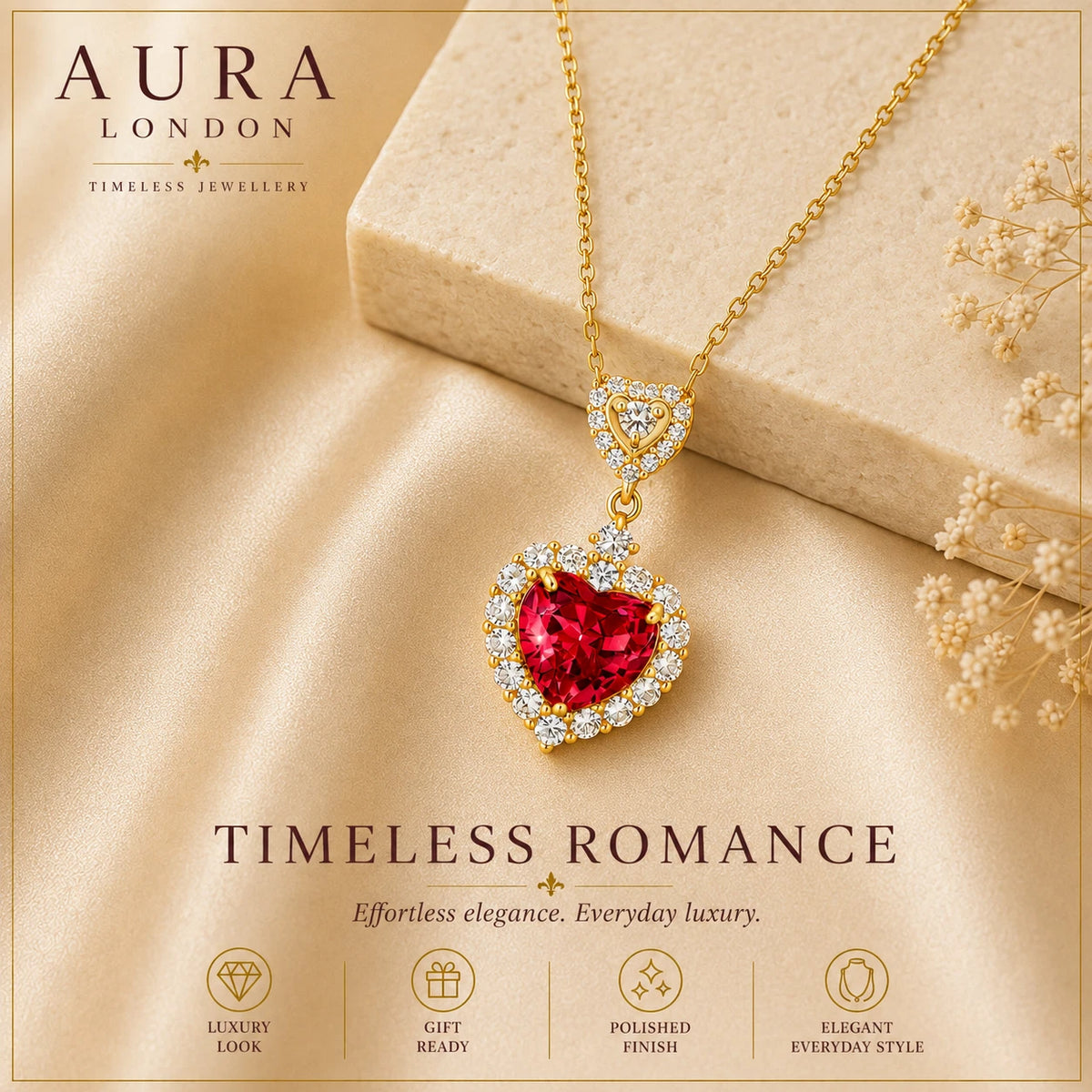 18K GOLD PLATED TITANIUM STEEL LADIES HEART CZ NECKLACE WATERPROOF ROMANTIC GIFT