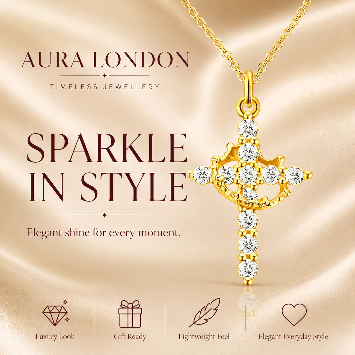 18K GOLD PLATED TITANIUM STEEL CROSS CZ NECKLACE PVD GOLD PLATED WATERPROOF GIFT