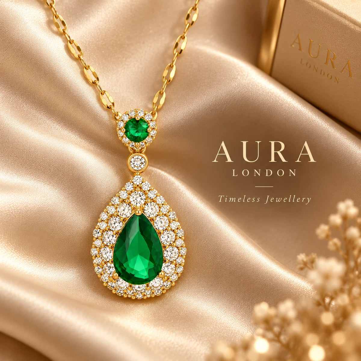 18K Gold Plated Titanium Steel Green Teardrop Pendant Necklace Waterproof Gift