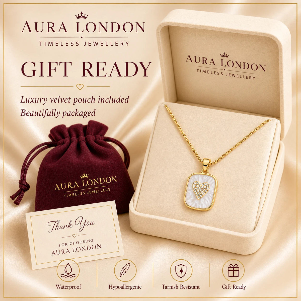 18K GOLD PLATED TITANIUM STEEL ENAMEL HEART PENDANT CZ NECKLACE WATERPROOF GIFT