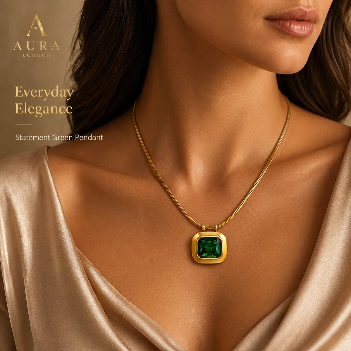 18K GOLD PLATED TITANIUM STEEL GREEN CZ PENDANT NECKLACE WATERPROOF LADIES GIFT