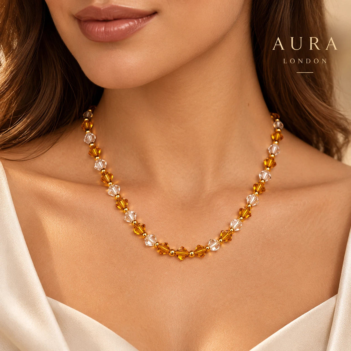 18K GOLD PLATED TITANIUM STEEL AMBER CLEAR BEADED NECKLACE WATERPROOF LADIES UK