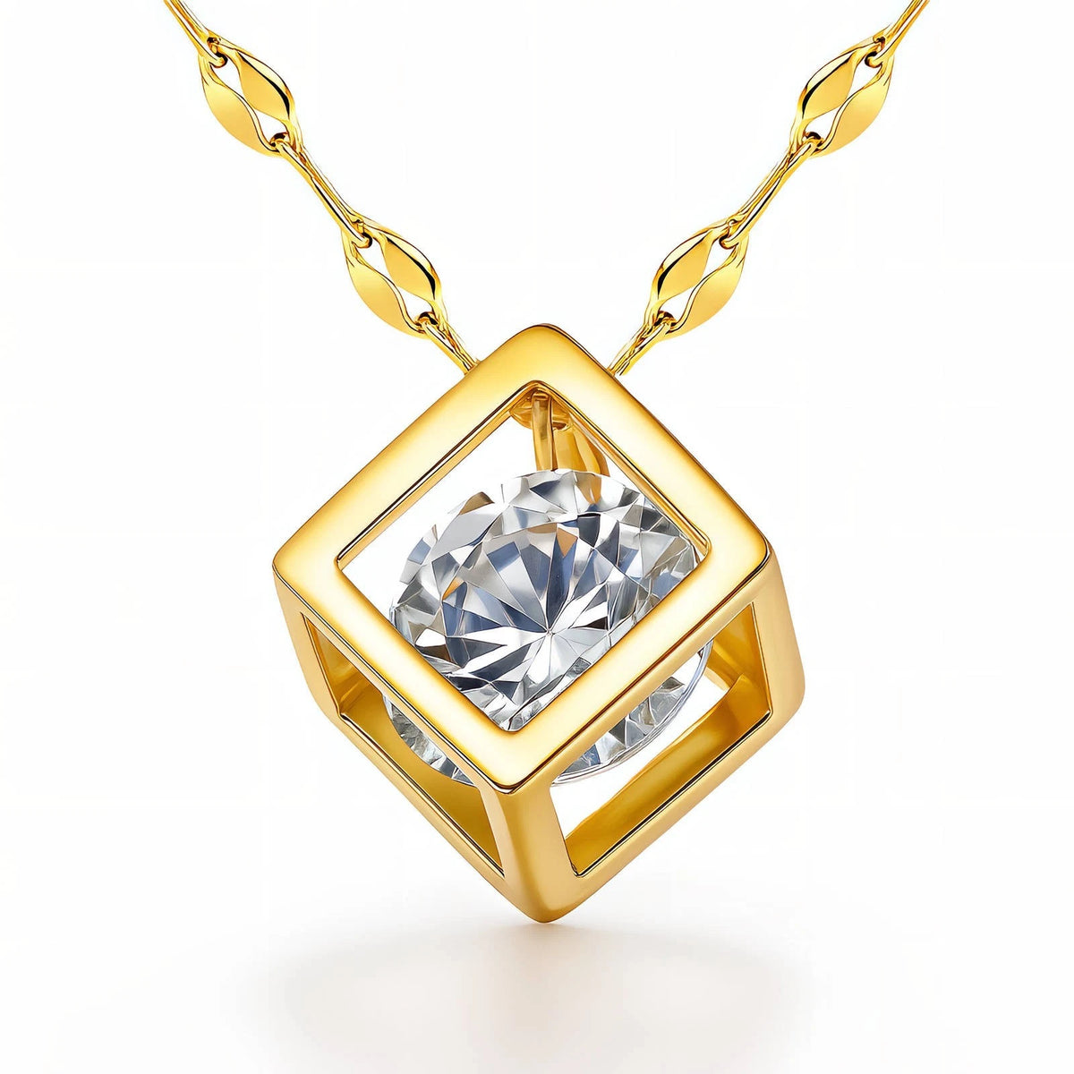 18K GOLD PLATED GEOMETRIC CUBE CZ PENDANT NECKLACE TITANIUM STEEL LADIES GIFT UK