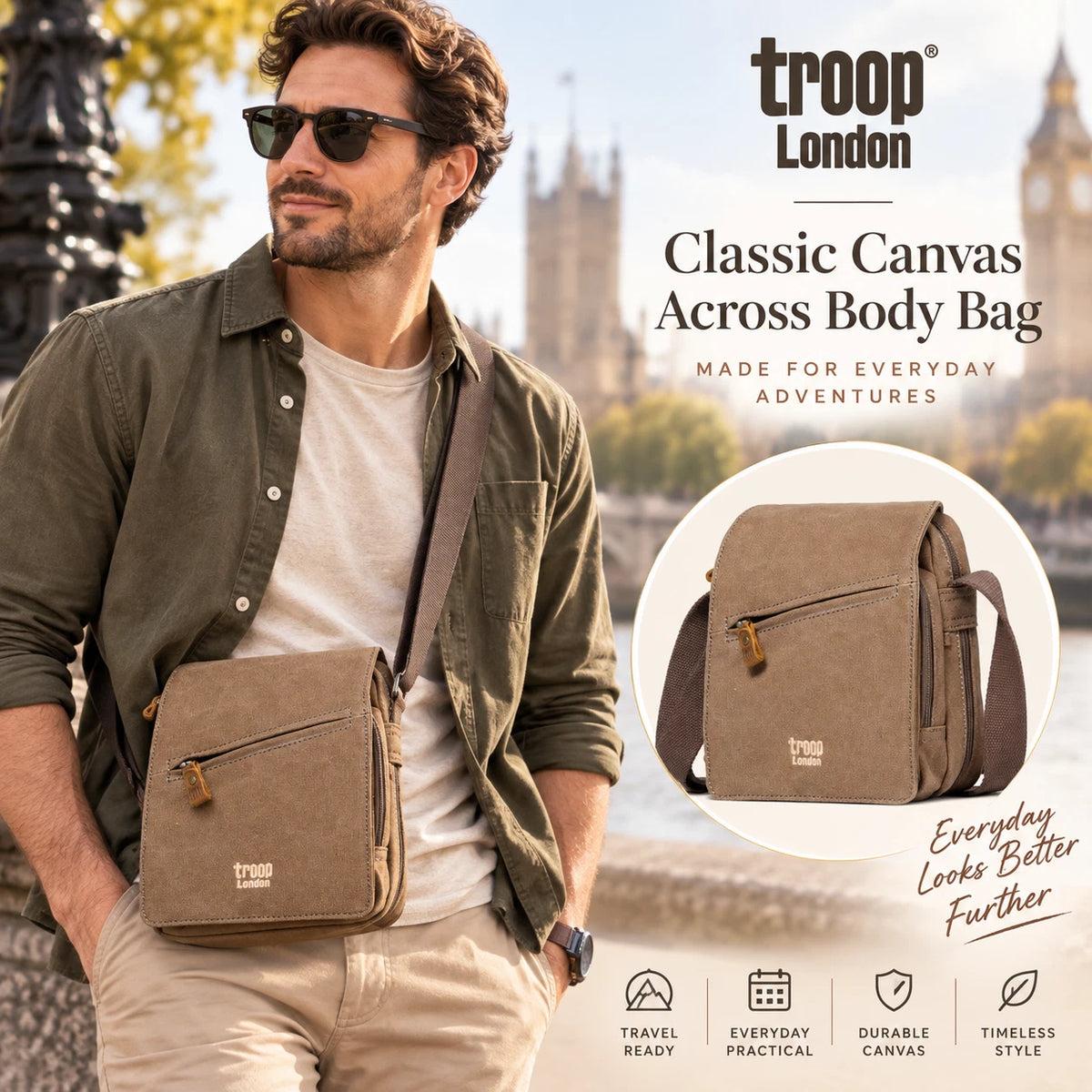 TROOP LONDON TRP0239 CLASSIC CANVAS CROSSBODY SHOULDER BAG UNISEX