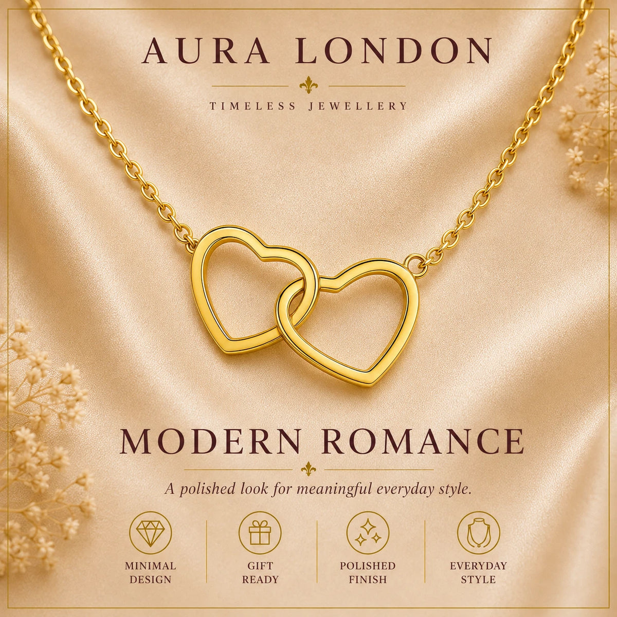 18K GOLD PLATED TITANIUM STEEL LADIES INTERLOCKING HEART NECKLACE WATERPROOF UK