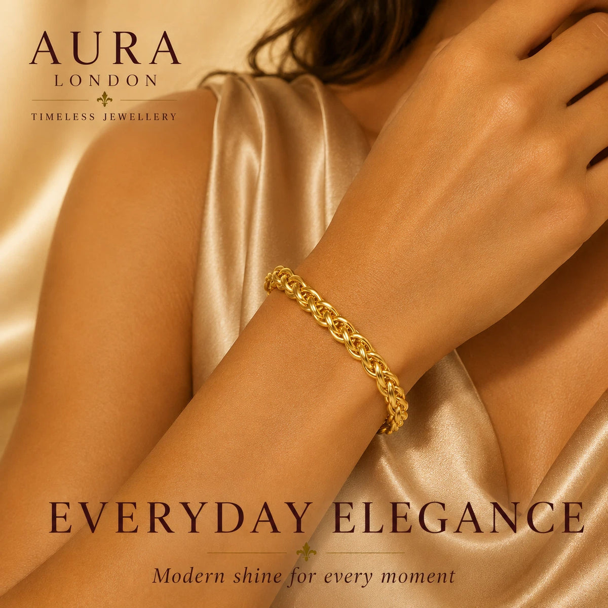 18K GOLD PLATED TITANIUM STEEL LADIES CHUNKY BRAIDED CHAIN BRACELET WATERPROOF