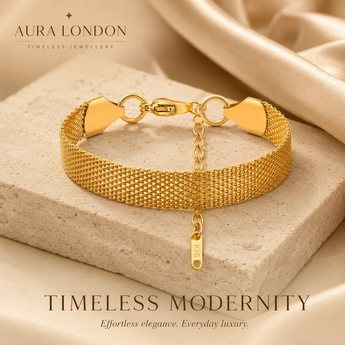 18K GOLD PLATED TITANIUM STEEL LADIES MESH BRACELET ADJUSTABLE WATERPROOF GIFT