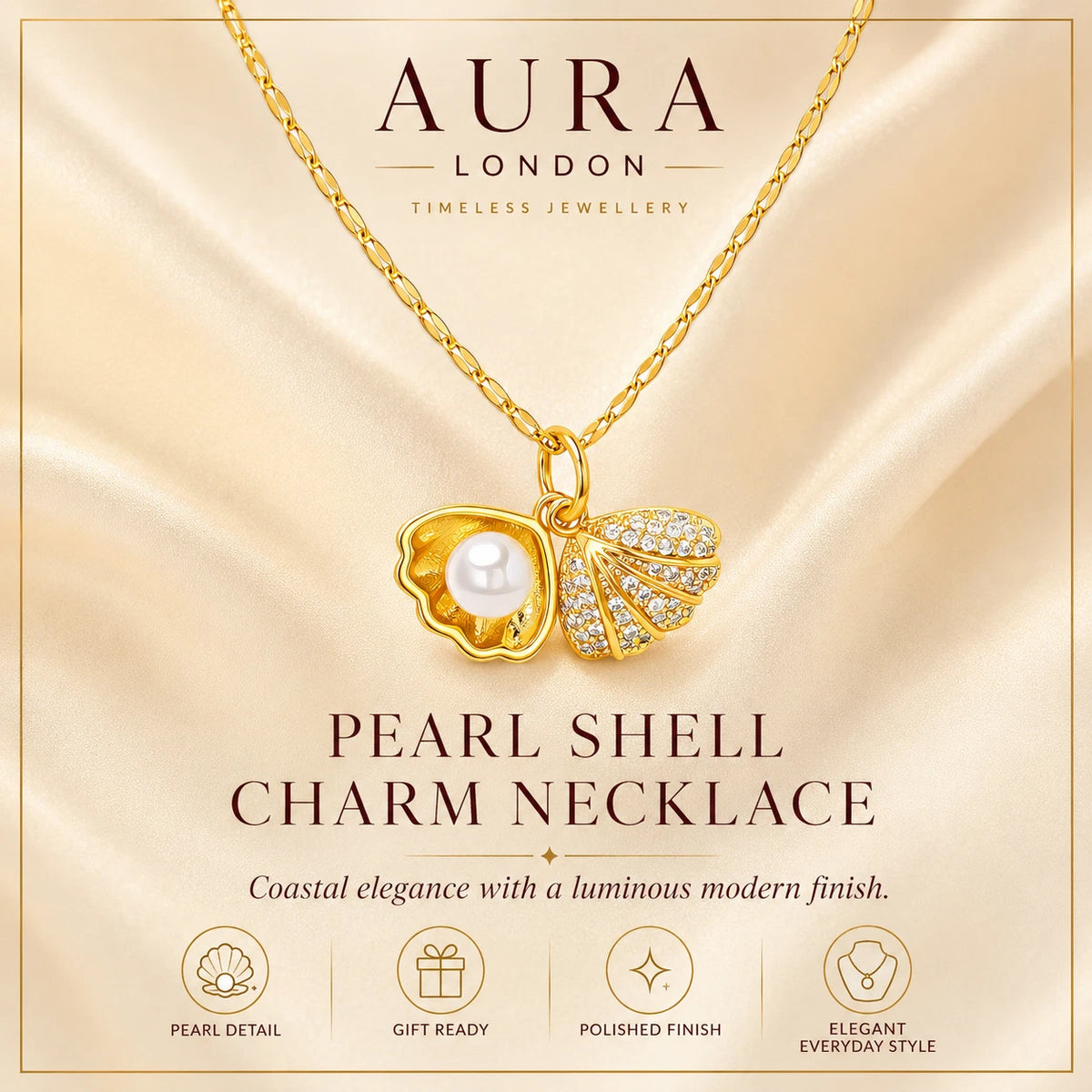 18K GOLD PLATED TITANIUM STEEL LADIES PEARL SHELL CZ NECKLACE WATERPROOF GIFT UK