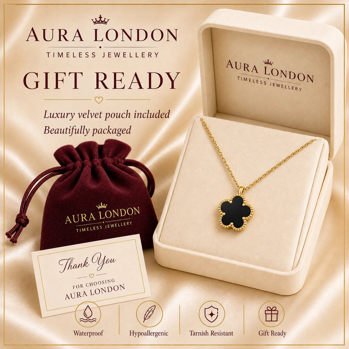 18K GOLD PLATED TITANIUM STEEL BLACK CLOVER PENDANT NECKLACE WATERPROOF GIFT UK